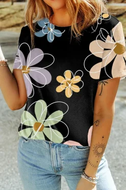 Clearance Dear-Lover Summer Flower Print Casual Round Neck T Shirt Black
