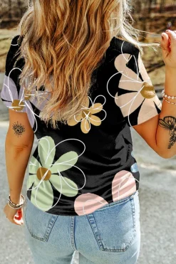 Clearance Dear-Lover Summer Flower Print Casual Round Neck T Shirt Black