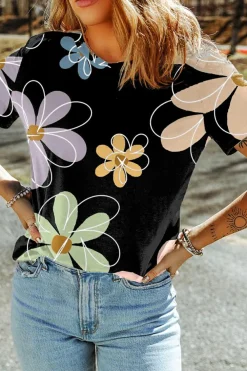 Clearance Dear-Lover Summer Flower Print Casual Round Neck T Shirt Black