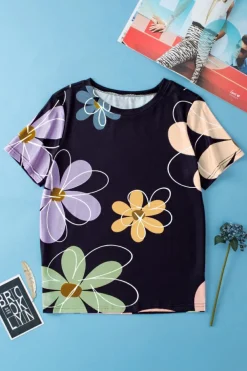 Clearance Dear-Lover Summer Flower Print Casual Round Neck T Shirt Black