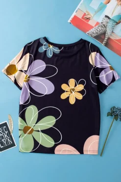 Clearance Dear-Lover Summer Flower Print Casual Round Neck T Shirt Black