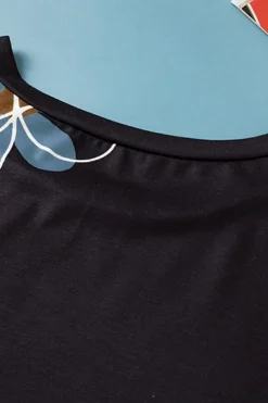 Clearance Dear-Lover Summer Flower Print Casual Round Neck T Shirt Black