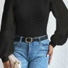 New Dear-Lover Sunflower Mesh Bubble Sleeve Waffle Knit Top Black