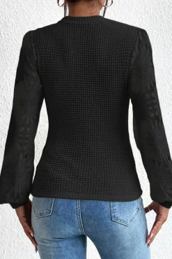 New Dear-Lover Sunflower Mesh Bubble Sleeve Waffle Knit Top Black
