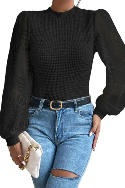New Dear-Lover Sunflower Mesh Bubble Sleeve Waffle Knit Top Black