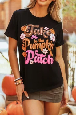 Sale Dear-Lover Take Me To The Pumpkin Patch Flower Print T Shirt Black