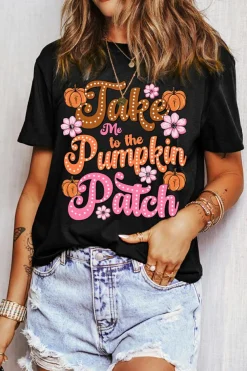 Sale Dear-Lover Take Me To The Pumpkin Patch Flower Print T Shirt Black