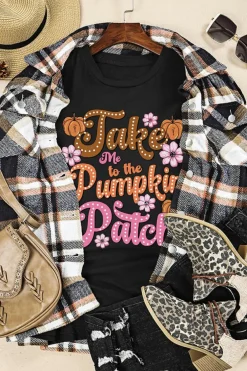 Sale Dear-Lover Take Me To The Pumpkin Patch Flower Print T Shirt Black