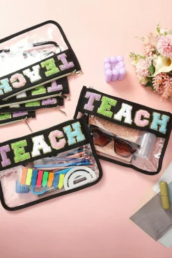 Online Dear-Lover TEACH Glitter Chenille Clear PVC Makeup Bag Black
