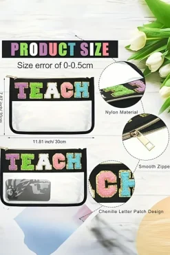 Online Dear-Lover TEACH Glitter Chenille Clear PVC Makeup Bag Black