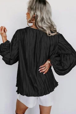 Sale Dear-Lover Textured Bubble Sleeve V Neck Loose Blouse Black