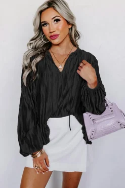 Sale Dear-Lover Textured Bubble Sleeve V Neck Loose Blouse Black
