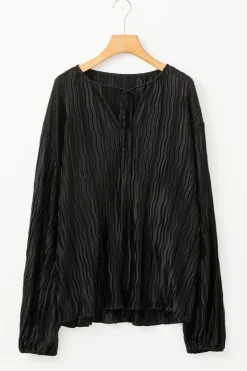 Sale Dear-Lover Textured Bubble Sleeve V Neck Loose Blouse Black