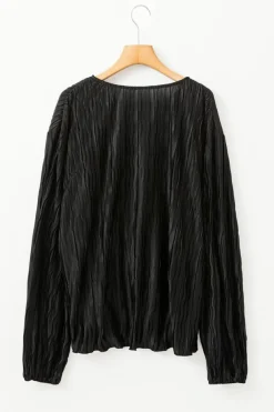 Sale Dear-Lover Textured Bubble Sleeve V Neck Loose Blouse Black