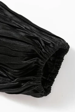 Sale Dear-Lover Textured Bubble Sleeve V Neck Loose Blouse Black