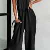 Discount Dear-Lover Textured Buttoned Straps Ruched Wide Leg Jumpsuit Black