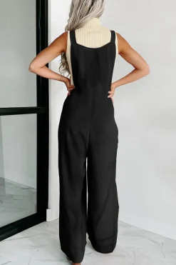 Discount Dear-Lover Textured Buttoned Straps Ruched Wide Leg Jumpsuit Black