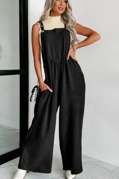 Discount Dear-Lover Textured Buttoned Straps Ruched Wide Leg Jumpsuit Black