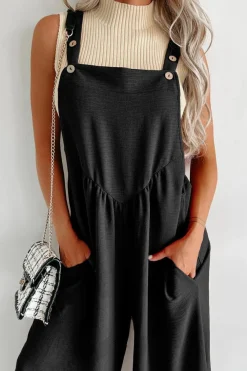 Discount Dear-Lover Textured Buttoned Straps Ruched Wide Leg Jumpsuit Black