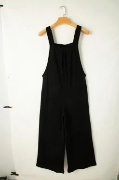 Discount Dear-Lover Textured Buttoned Straps Ruched Wide Leg Jumpsuit Black