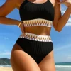 Discount Dear-Lover Textured Contrast Banding Bikini High Waist 2pcs Swimsuit Black