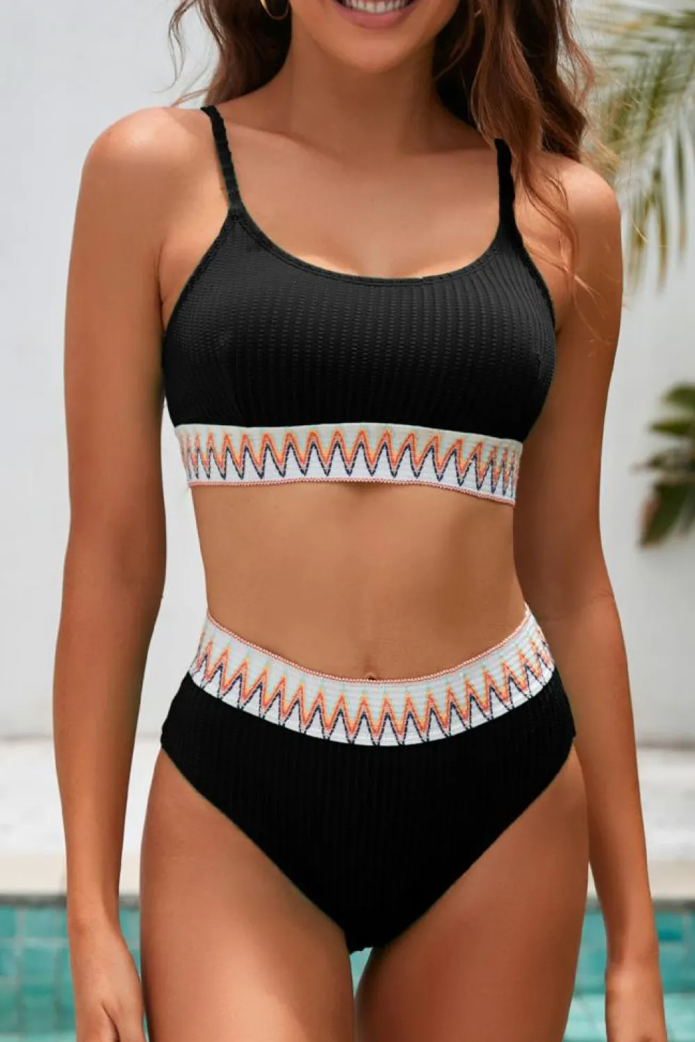 Discount Dear-Lover Textured Contrast Banding Bikini High Waist 2pcs Swimsuit Black