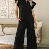 Clearance Dear-Lover Textured Flutter Sleeve Top Wide Leg Pants Set Black