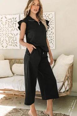 Clearance Dear-Lover Textured Flutter Sleeve Top Wide Leg Pants Set Black