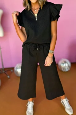 Clearance Dear-Lover Textured Flutter Sleeve Top Wide Leg Pants Set Black