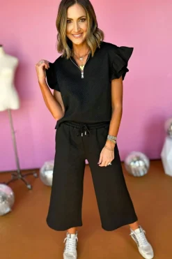 Clearance Dear-Lover Textured Flutter Sleeve Top Wide Leg Pants Set Black