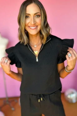 Clearance Dear-Lover Textured Flutter Sleeve Top Wide Leg Pants Set Black