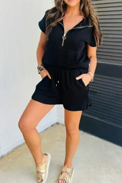 Clearance Dear-Lover Textured Half Zip Kangaroo Pocket Top Drawstring Shorts Set Black