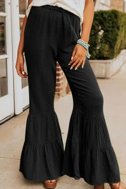 Clearance Dear-Lover Textured High Waist Ruffled Bell Bottom Pants Black