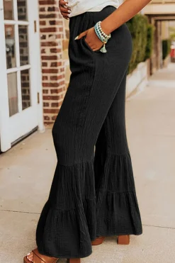 Clearance Dear-Lover Textured High Waist Ruffled Bell Bottom Pants Black