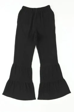 Clearance Dear-Lover Textured High Waist Ruffled Bell Bottom Pants Black