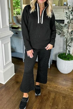 Outlet Dear-Lover Textured Jacquard Quarter Zip Top and Crop Pants Set Black