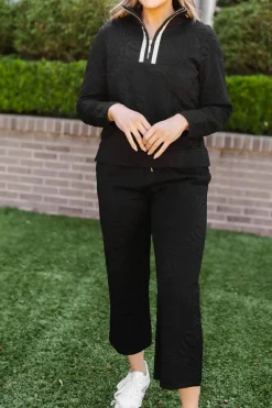 Outlet Dear-Lover Textured Jacquard Quarter Zip Top and Crop Pants Set Black