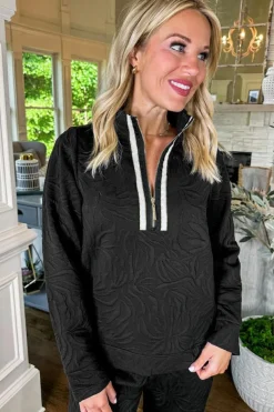 Outlet Dear-Lover Textured Jacquard Quarter Zip Top and Crop Pants Set Black