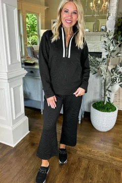Outlet Dear-Lover Textured Jacquard Quarter Zip Top and Crop Pants Set Black