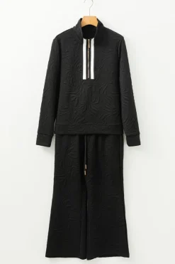 Outlet Dear-Lover Textured Jacquard Quarter Zip Top and Crop Pants Set Black