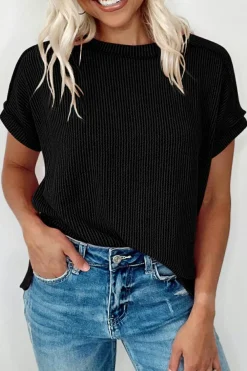 New Dear-Lover Textured Knit Exposed Stitching T-shirt Black