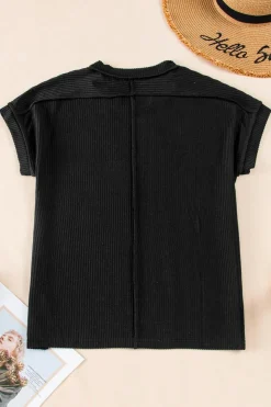 New Dear-Lover Textured Knit Exposed Stitching T-shirt Black