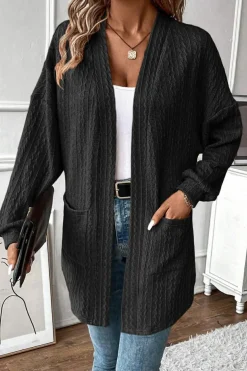 New Dear-Lover Textured Knit Side Pockets Open Front Cardigan Black