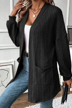 New Dear-Lover Textured Knit Side Pockets Open Front Cardigan Black