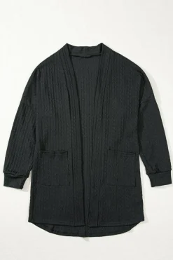 New Dear-Lover Textured Knit Side Pockets Open Front Cardigan Black