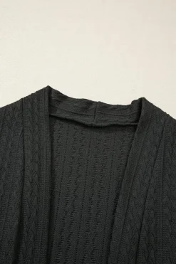 New Dear-Lover Textured Knit Side Pockets Open Front Cardigan Black