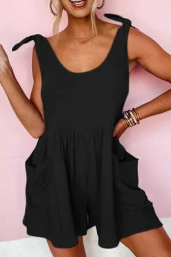 Outlet Dear-Lover Textured Knotted Straps High Waist Wide Leg Romper Black