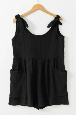 Outlet Dear-Lover Textured Knotted Straps High Waist Wide Leg Romper Black
