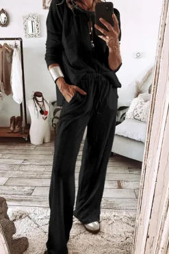 New Dear-Lover Textured Long Sleeve T Shirt and Pants Lounge Set Black