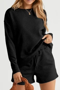 New Dear-Lover Textured Long Sleeve Top and Drawstring Shorts Set Black